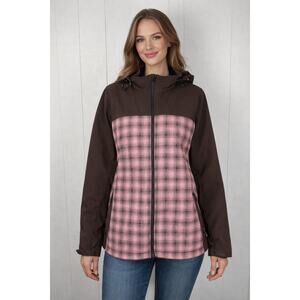 Dickies Womens Brown Pink Plaid Full Zip Jacket Long Sleeve Collar Zip Size XXL